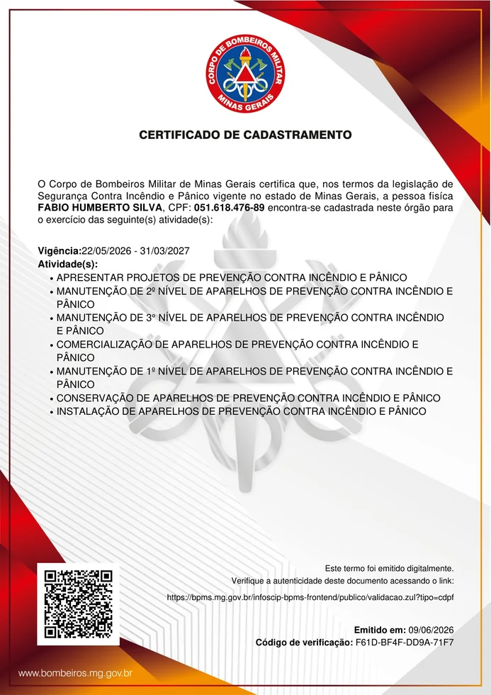 Prévia reduzida do certificado de cadastramento da FHS junto ao Corpo de Bombeiros